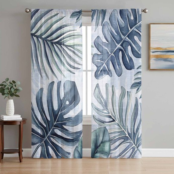 Navy Blue Monstera Deliciosa Sheer Curtains 72 Inch Length 2 Panels Set, Summer Botanical Tropical Voile Window Treatment Rod Pocket Curtains Sheers Drapes for Bedroom/Living Room/Kitchen 52"x72"x2