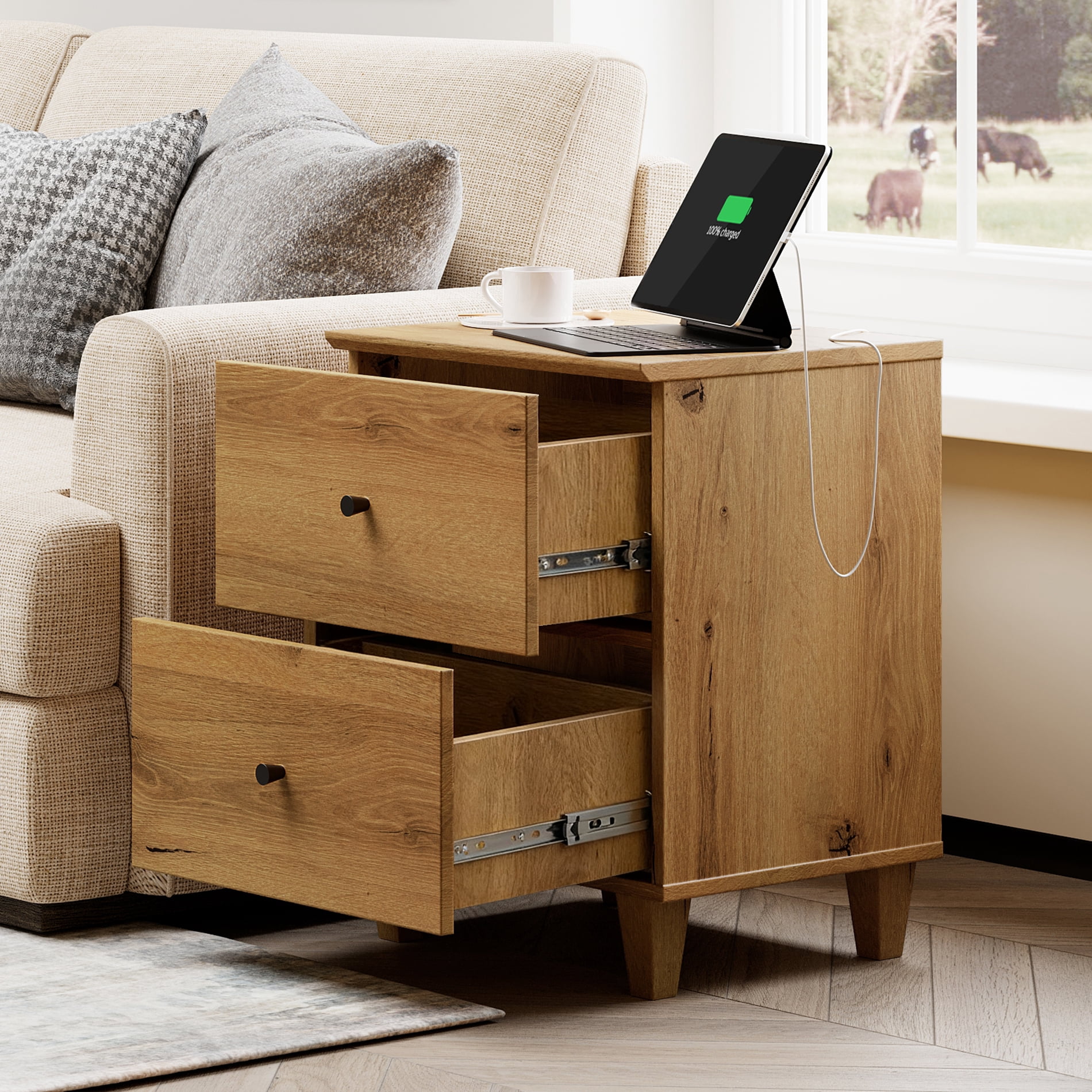 Modern End Table with Charging Station, Wooden Side Table with 2 Storage Drawers, Small Nightstand for Living Room, Dark Brown Wood