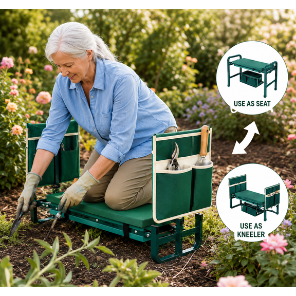 Adjustable Garden Kneeler and Seat for Seniors, Foldable Gardening Stool with Padded Cushion, Heavy Duty Garden Bench with Tool Pouch