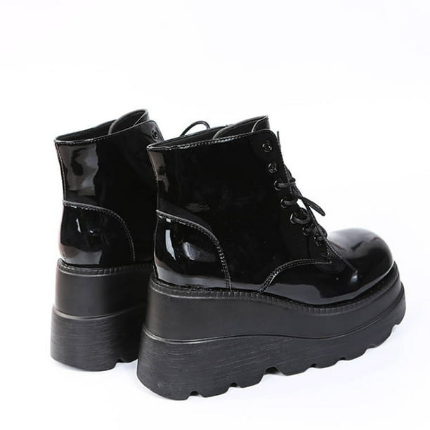 Women s Shoes Fashion Round Toe Wedge Heel Low barrel Lace up Patent Leather Shiny Boots Walmart