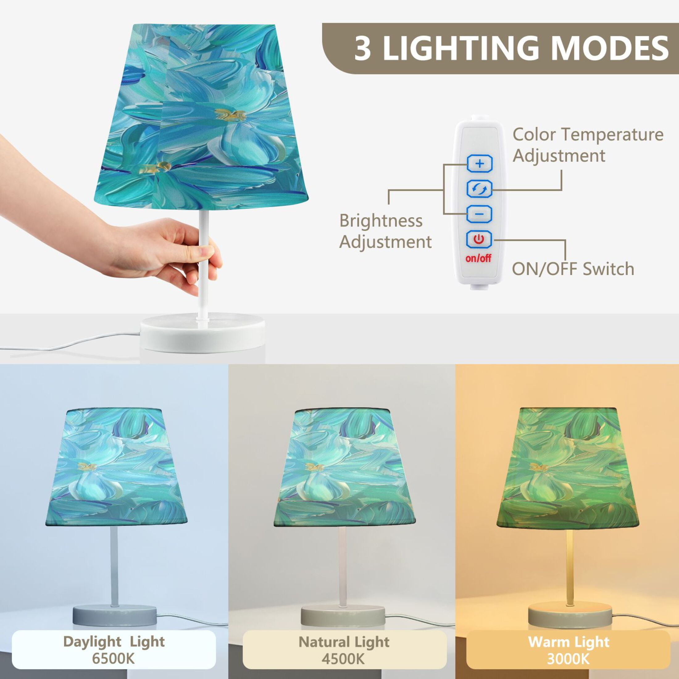 Turquoise and Blue Flowers Desk Lamp LED Table Nightstand Lamps with 3 Color Temperatures for Home Bedroom Living Room Decor 6x11