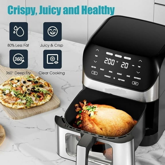 Air Fryer 6.2 QT Large Capacity Oilless Hot Air Fryers Oven 1500W Healthy Cooker with 10 Presets, Digital LCD Touch Screen, Visual Cooking Window, Non-Stick Basket, Included Recipe (Silver-L)