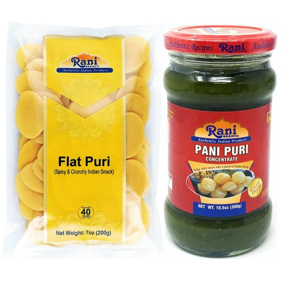 Rani Pani Puri Coins (Uncooked, Microwaveable wheat and Semolina Coins) 7oz (200g) with Pani Puri Concentrate (Sweet & Spicy to make Pani Water 10.5oz (300g) ~ All Natural | Vegan | NON-GMO
