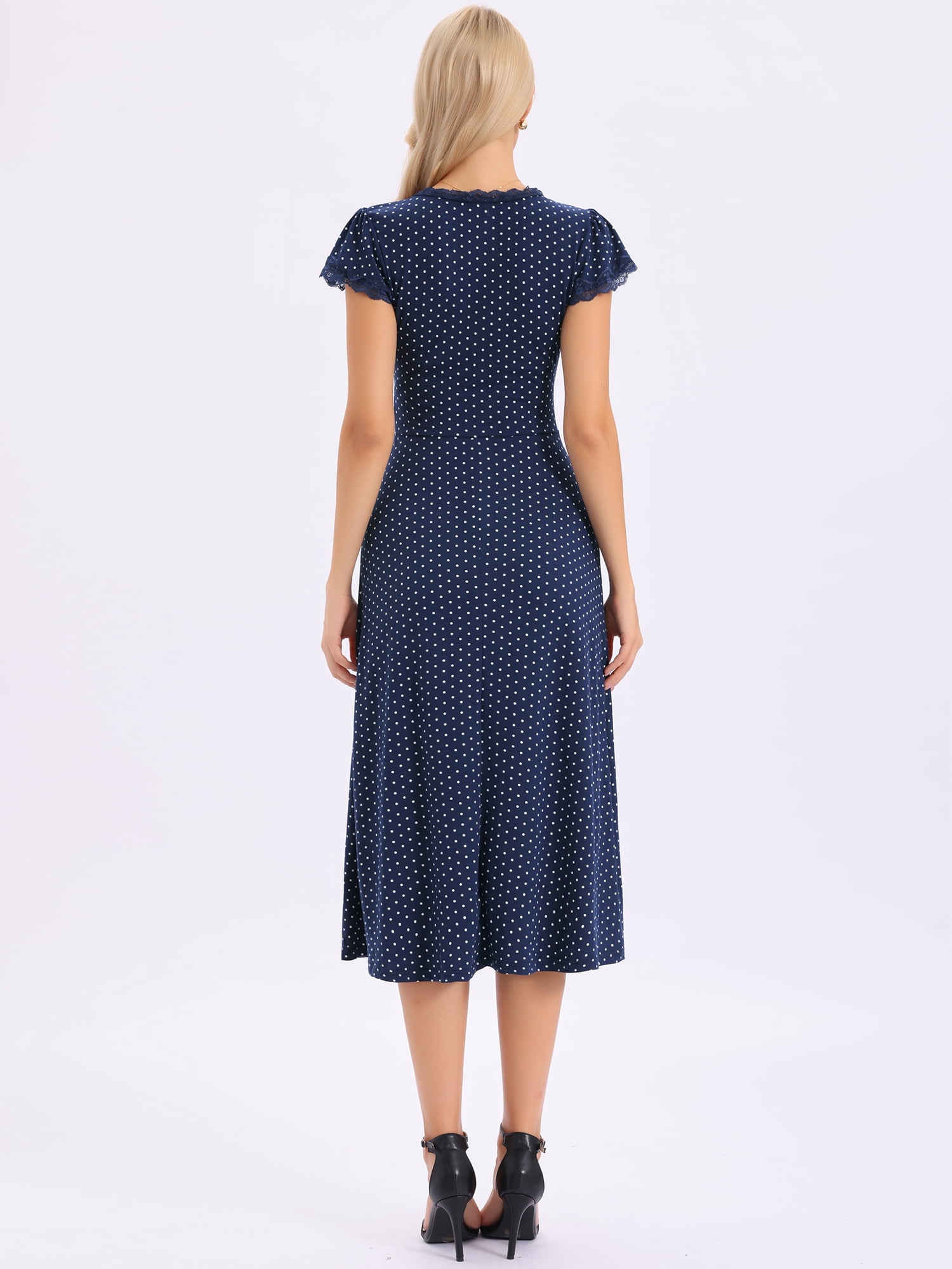 DARING DIVA Women's Polka Dots Dress Vintage Lace V Neck Casual Midi Dresses S Navy Blue