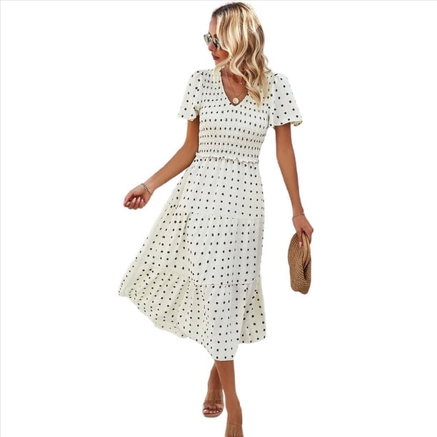 Vestido Bohemio Informal de Corta con Escote en V y Dobladillo para Mujer, Color Beige, Talla L
