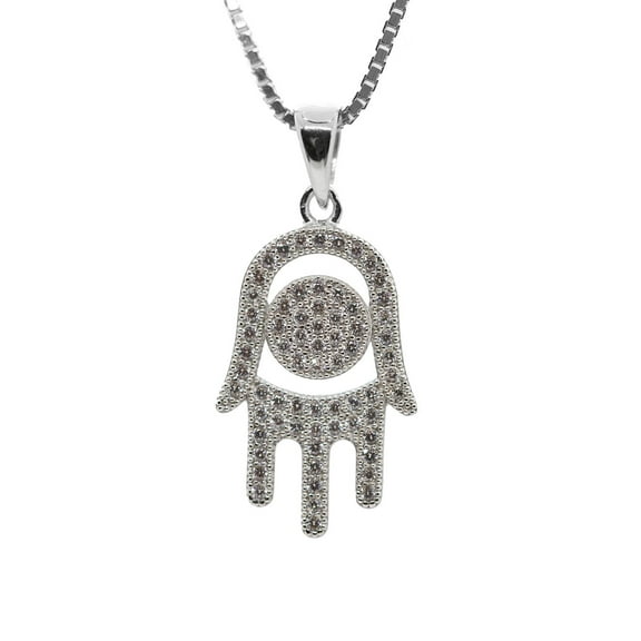 Hamsa Evil Eye Pendant 12mm x 19mm Sterling Silver and Pure Brilliance CZ w/ Chain