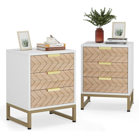 Tribesigns 3 Drawers Nightstand Set of 2, Modern Bedside Table with Unique Chevron Design, White End Side Table Night Stands with Gold Metal Legs for Bedroom (White & Wood Color)
