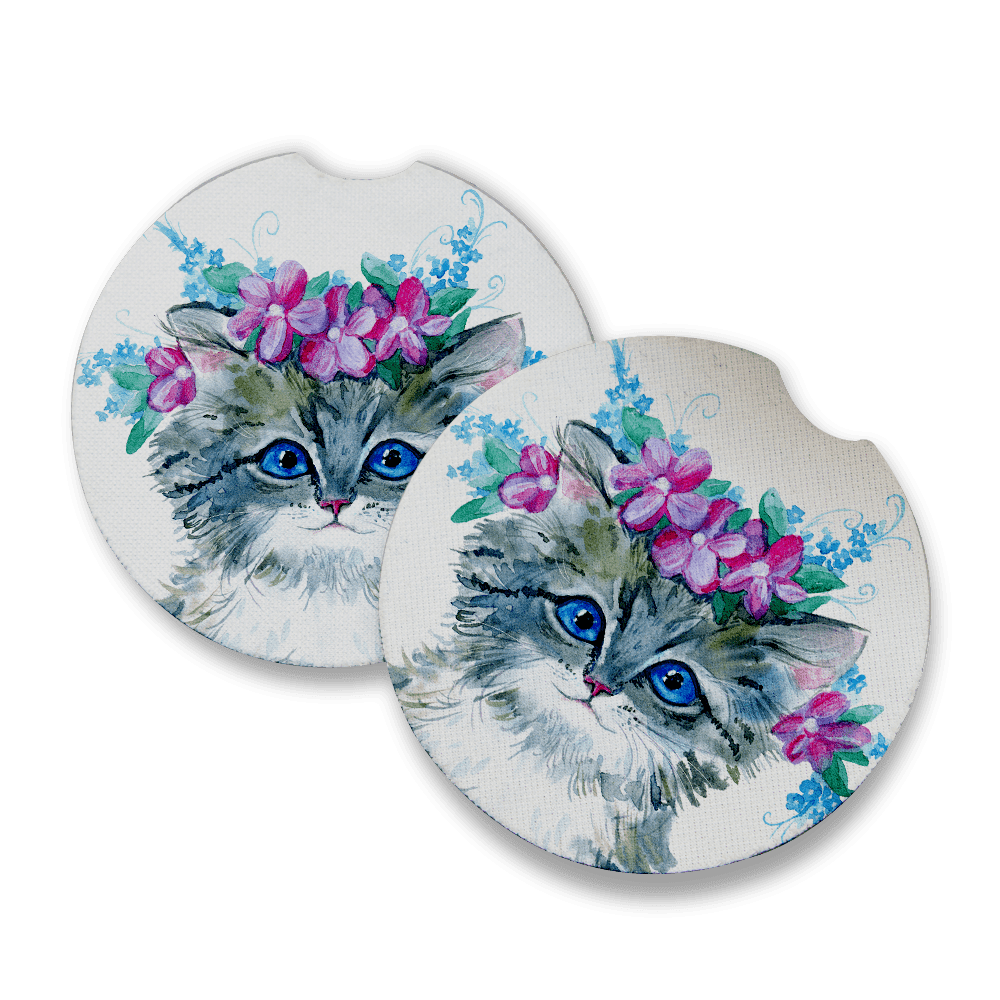 Boho Cat Car Coasters for drinks Set of 2 Car Coaster measures 2.56