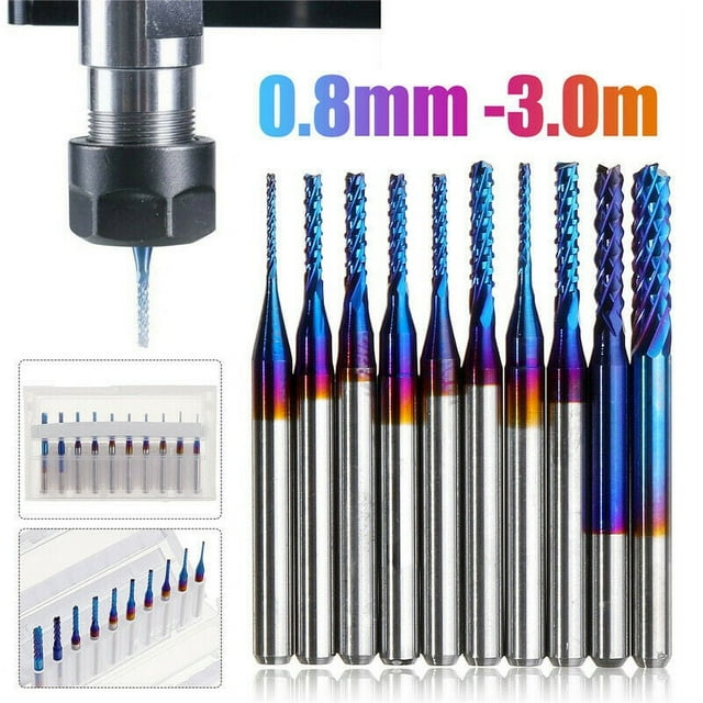 BTOER 10Pcs 1/8 Shank Nano Blue Coats End Mills CNC Router Bits Set 0.8mm Protable