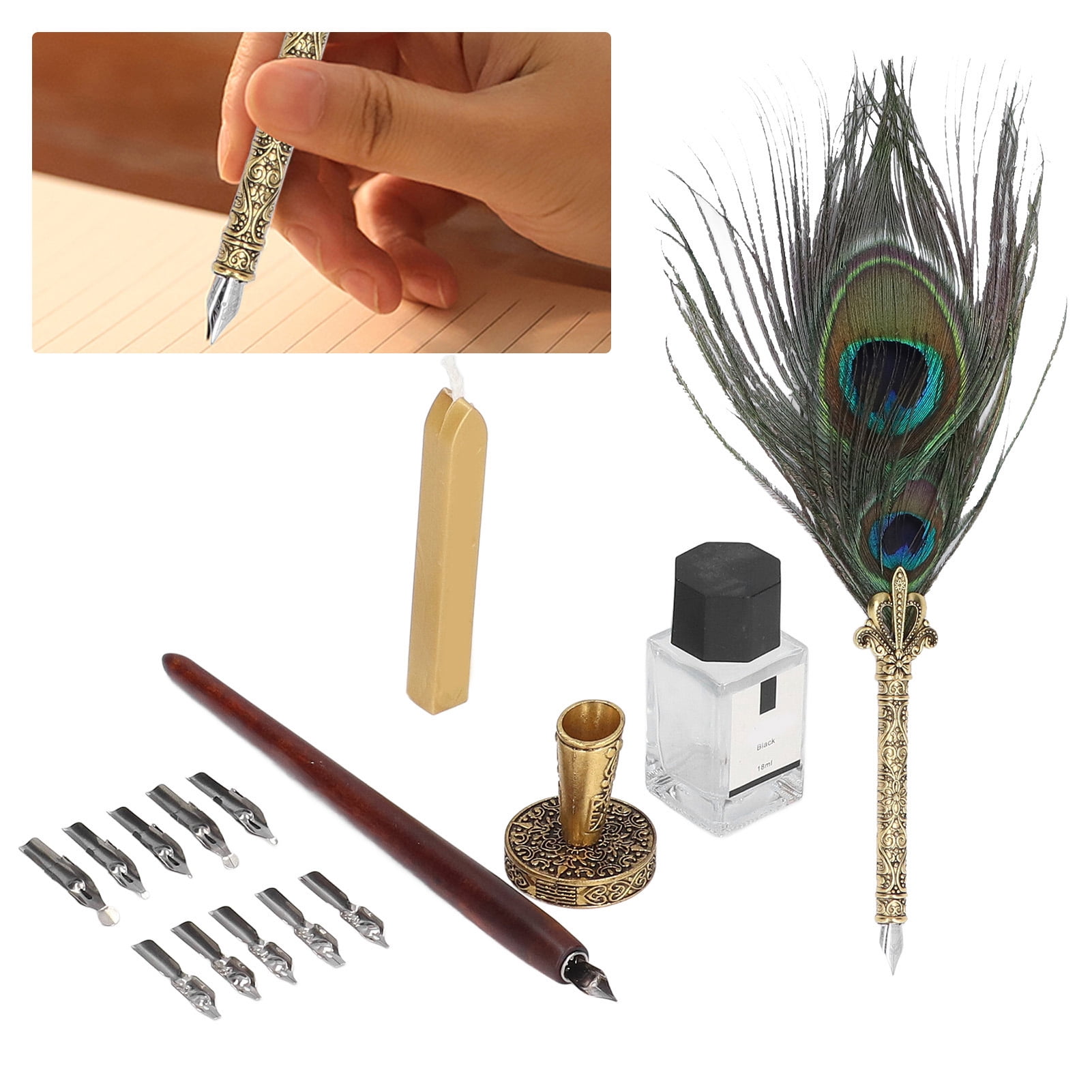 BIMZUC Feather Pen Exquisite Pattern Quaint Texture Comfortable Grip Stainless Steel Nib Calligraphy Set (11.4 inches / 29 cm) - Double Peacock