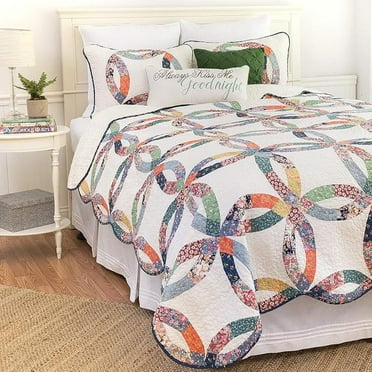 Traditional Double Wedding Ring Patchwork Premium 3-piece Cotton Full/Queen Bedding Set, All-season Luxury Vintage Machine Washable Reversible Lightweight Quilt for Bedroom Anniversary