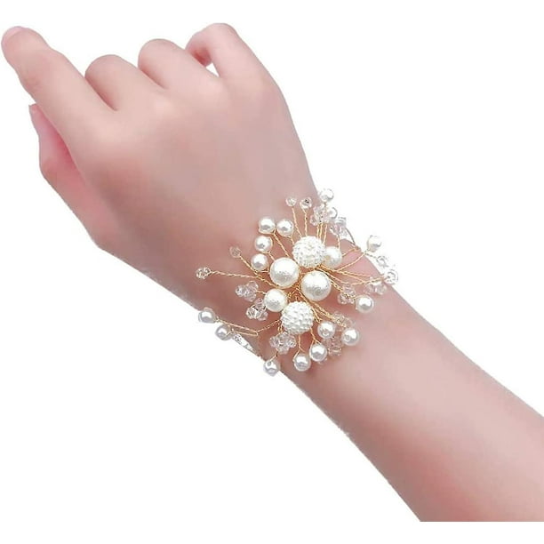 Ramillete de muñeca de perlas para novia, bandas, accesorios de flores de mano para damas de honor y hermanas.