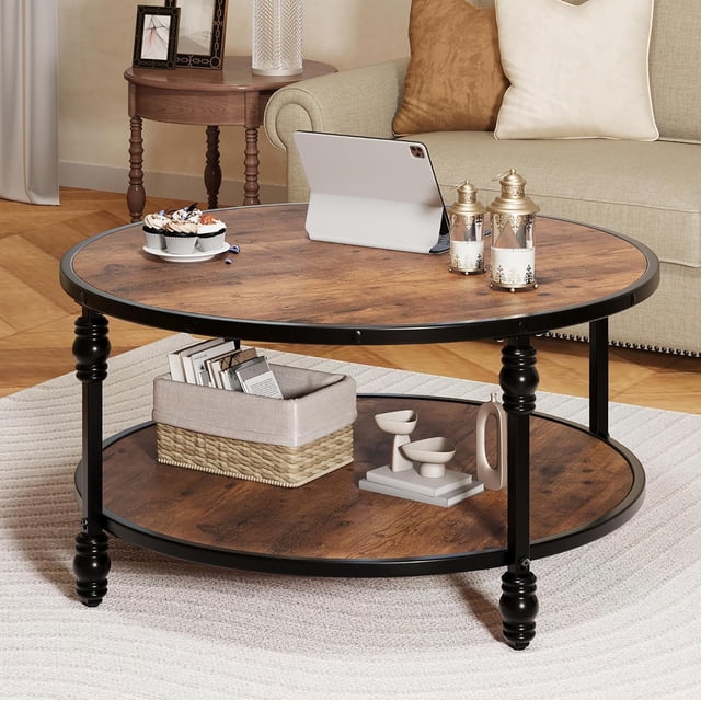 QinaQin Table Basse Ronde de 36 Pouces avec Rangement, Table Centrale à 2 Niveaux au Design Moderne en Bois