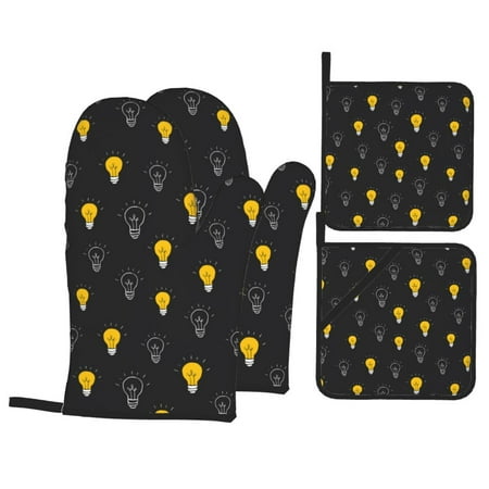 

Oven Mitts and Pot Holders Sets 4 pcs Light Bulb Pattern blue Non-Slip Oven Gloves Potholders Soft Quilted Lining Heat Resistant Gloves Hot Pads for Kitchen Cooking Baking