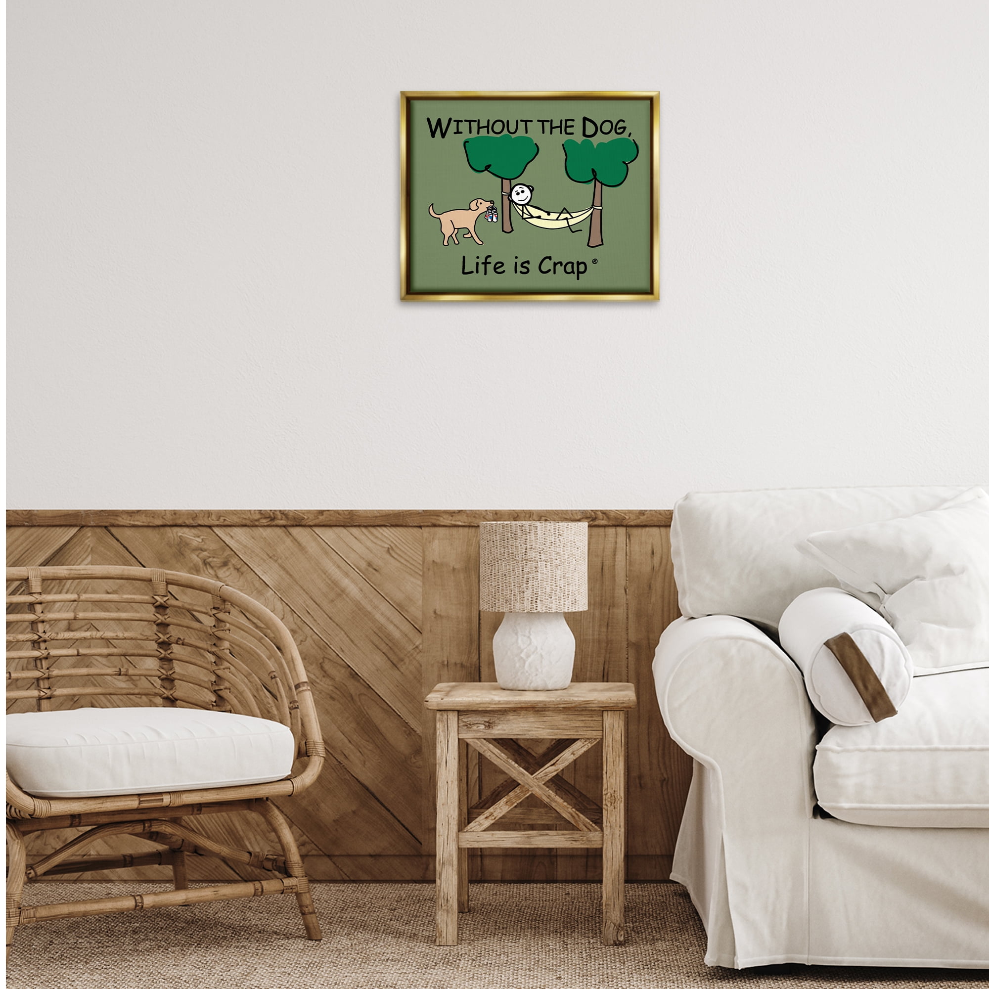 Stupell Industries Life Crap Without Dog Novelty & Humor Painting Gold Floater Framed Canvas Art Print Wall Art, 21 x 17