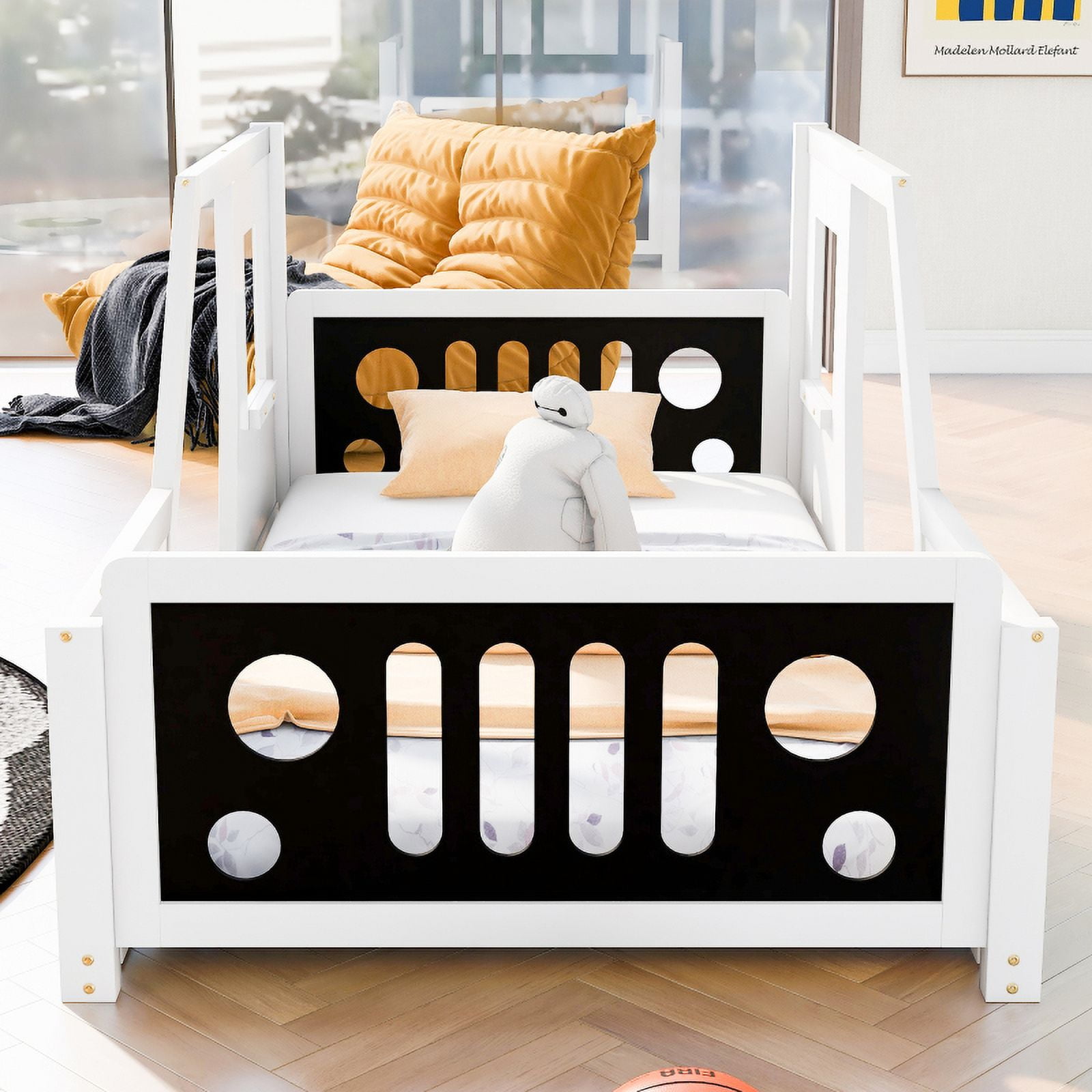 [Luckynote]Twin Size Classic Car-Shaped Platform Bed with Wheels,White