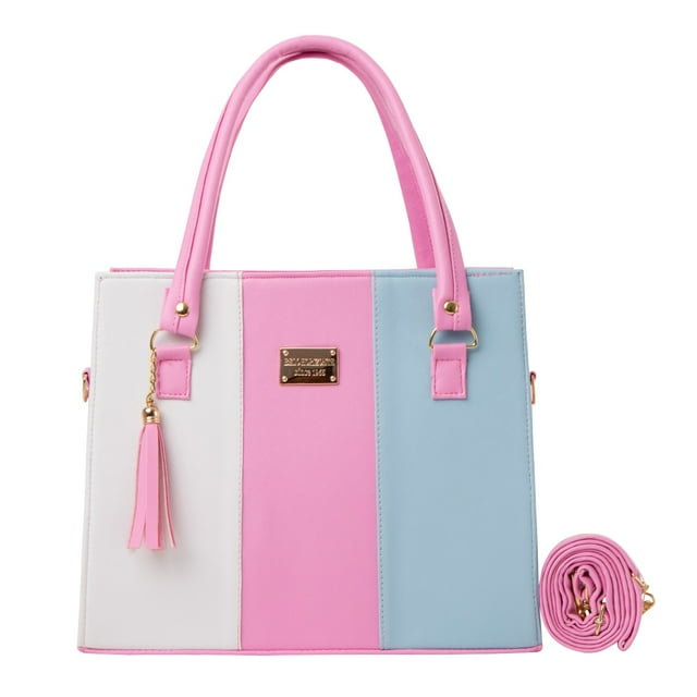 bolsa fana irem rosa/lila bolso para mujer satchel tricolor rosa, lila y blanco con asa doble superior, placa metálica frontal con logo FANA, borla decorativa y correa desmontable enrollada; vista frontal centrada sobre fondo blanco. Es adecuada también como bolso de mano para eventos casuales.