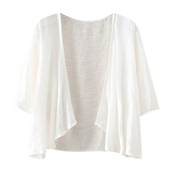Women Beach Casual Half Sleeve Sheer Cardigans, Solid Color Long Sleeve Wide Neck Cover-Up Women's Cardigan White