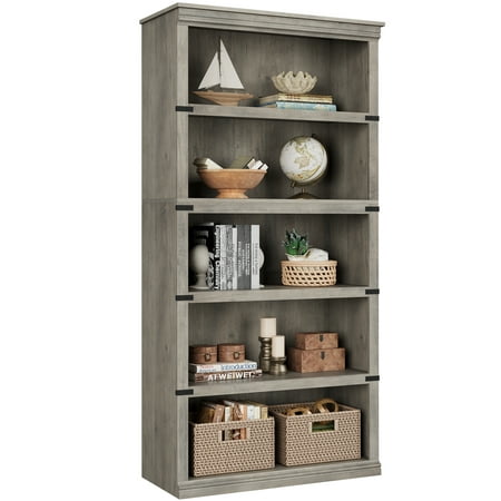 Modern Farmhouse Wooden Bookcase 5-Tier Tall Floor Standing Bookshelf with Large Open Display Shelves Freestanding Storage Organizer for Living Room Bedroom or Office – Home Furniture