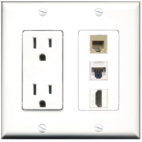 Ultra Spec Cables 15 Amp Power Outlet 1 Port HDMI 1 Port Phone RJ11 RJ12 Beige 1 Port Cat5e Wall Plate