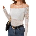 thumbnail image 2 of Women Lace Trim Off Shouder Top Long Sleeve Double Lined Y2k Trendy T Shirts White XL, 2 of 7