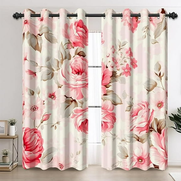 Vintage Pink Rose Floral Room Darkening Curtains, Romantic Flower Botanical Print Rustic Farmhouse Grommet Top Noise Reducing Window Drapes For Living Room Bedroom Decor 26"W x 45"L (Pack of 2)