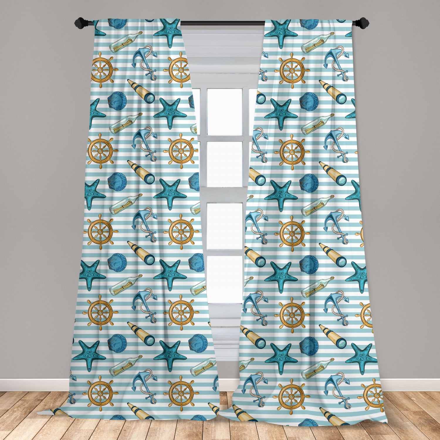 Nautical Curtains 2 Panels Set Marine Sea Striped Background With Anchor Wheel Starfish Seashell Window Drapes For Living Room Bedroom 56 W X 84 L Blue And Apricot By Ambesonne Walmart Com