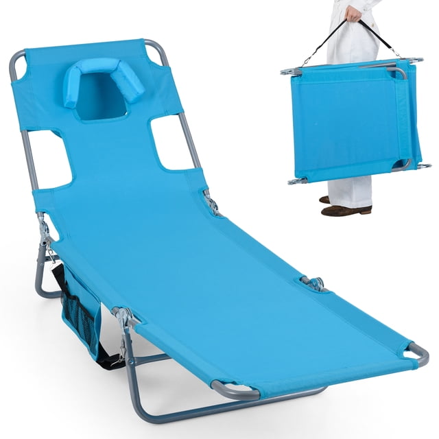 Costway Patio Tanning Chair,Folding Beach Lounge Chair with 5-Position Adjustable Backrest Turquoise