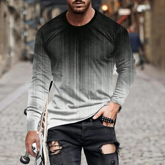 Muscularfit Mens Shirts Black Long Sleeve Gradient Crew Neck T Shirt Mens Tops Trendy