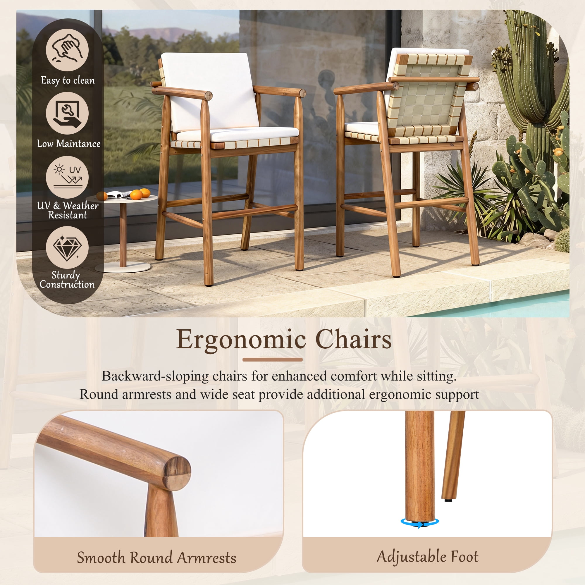 Outdoor Bar Stools Set of 2, Counter Height Acacia Wood Seats for Patio Pool, Beige