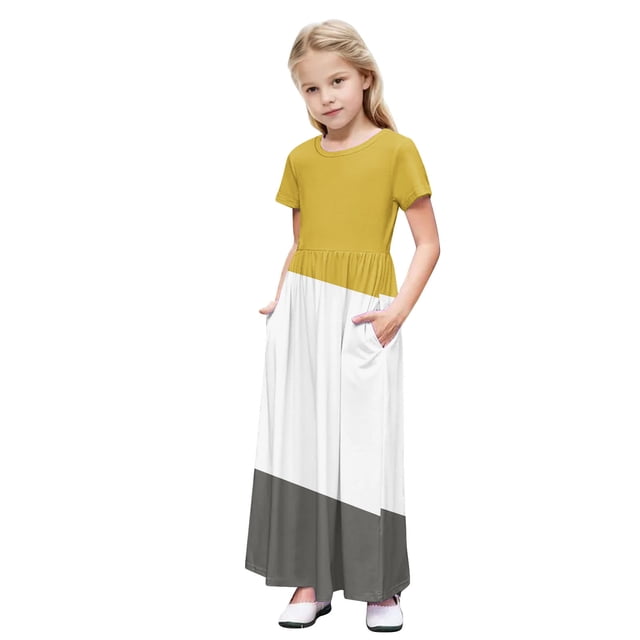 Robe Fille à Manches Courtes, Longueur au Sol, Coupe Trapèze Évasée, Robe Maxi avec Poches, 5-14 Ans