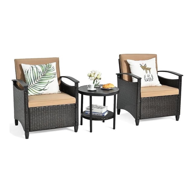 Pemberly Row 3-piece Contemporary Rattan Patio Furniture Set with Shelf in Brown