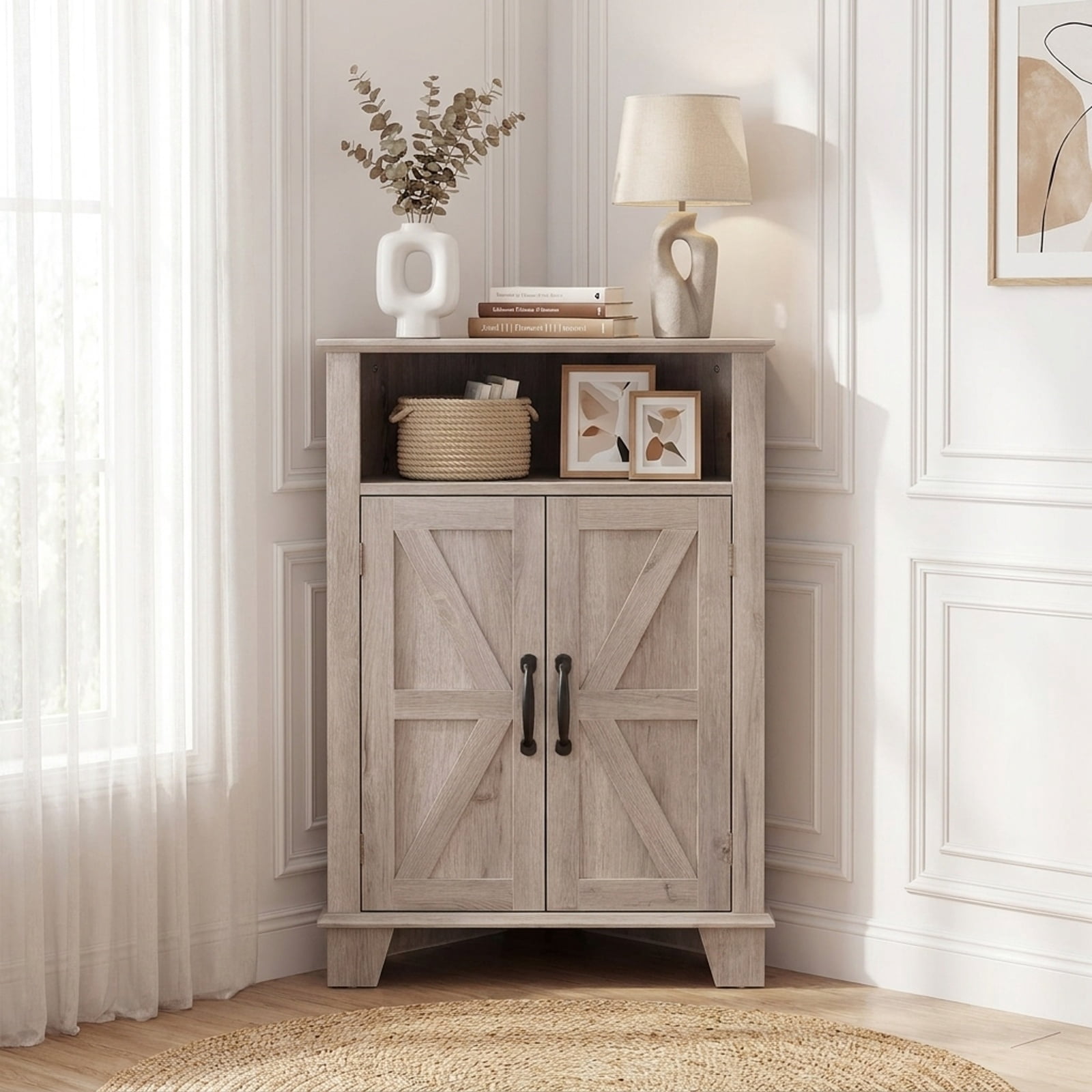 Furnibear 4 Tier Corner Accent Cabinet with Doors Open Shelf and Adjustable Storage for Kitchen Living Room and Entryway, Gray