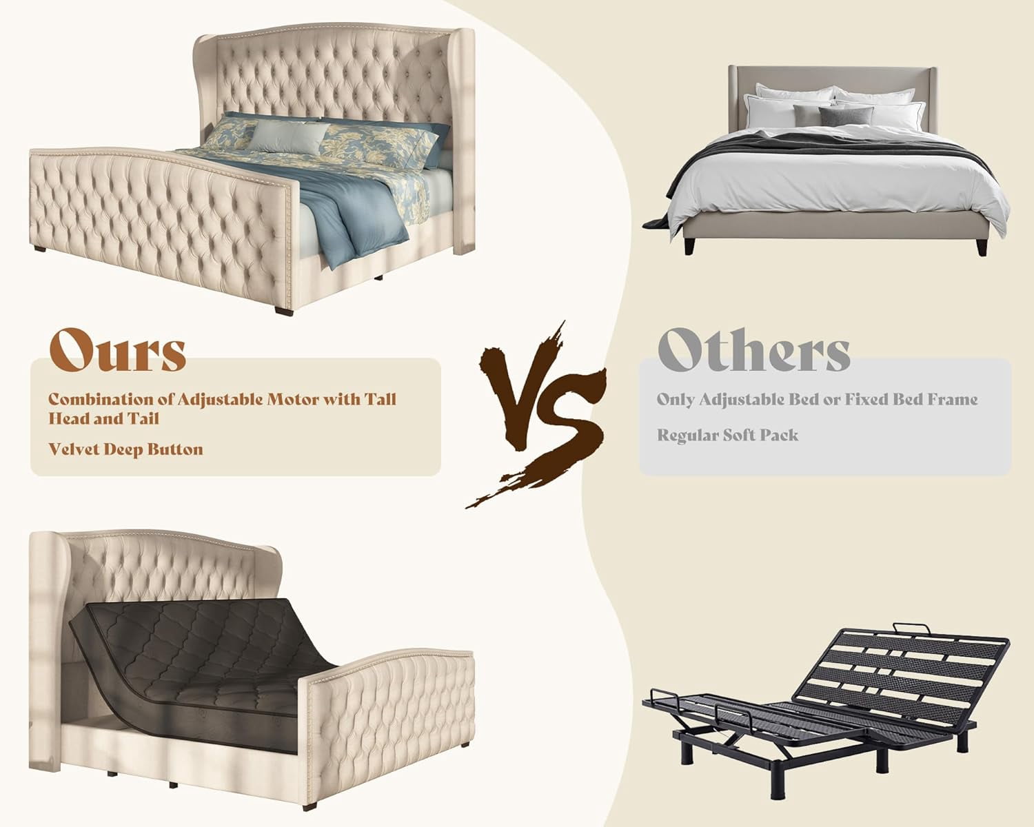 PLAUIN Queen Size Bed Frame, Deep Button Tufted Wingback with Nailhead Trim & Adjustable Base, Cream