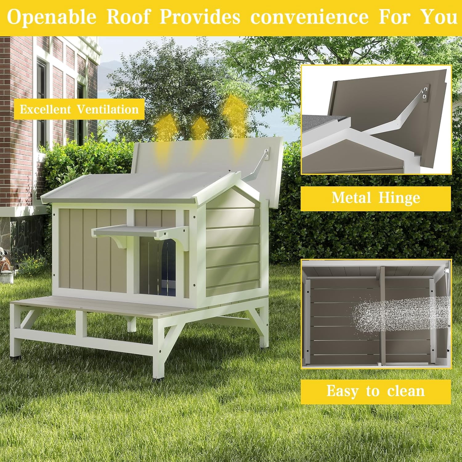 28.7"L Cat House Outdoor Feral Cat Shelter with Balcony,Weatherproof Cat Houses for Outdoor Cats with Openable Asphalt Roof,Wooden Feral Cat Enclosure with Raised Base for 1-3 Cats(GREY)