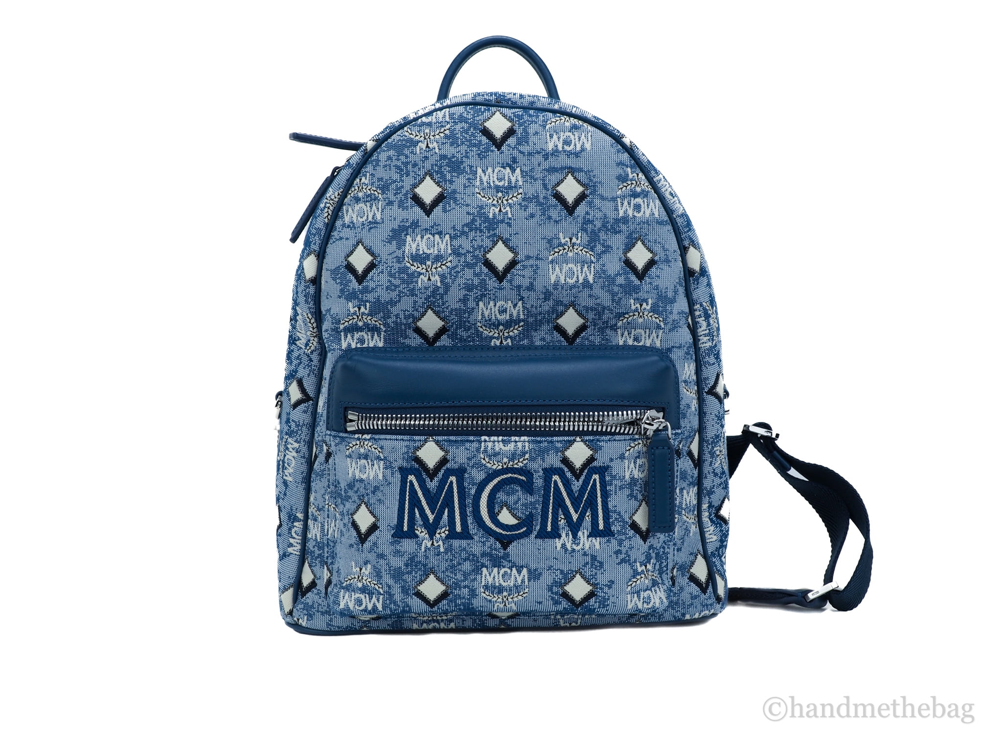 MCM Stark Small Vintage Jacquard Monogram Logo Backpack Bookbag (Blue)