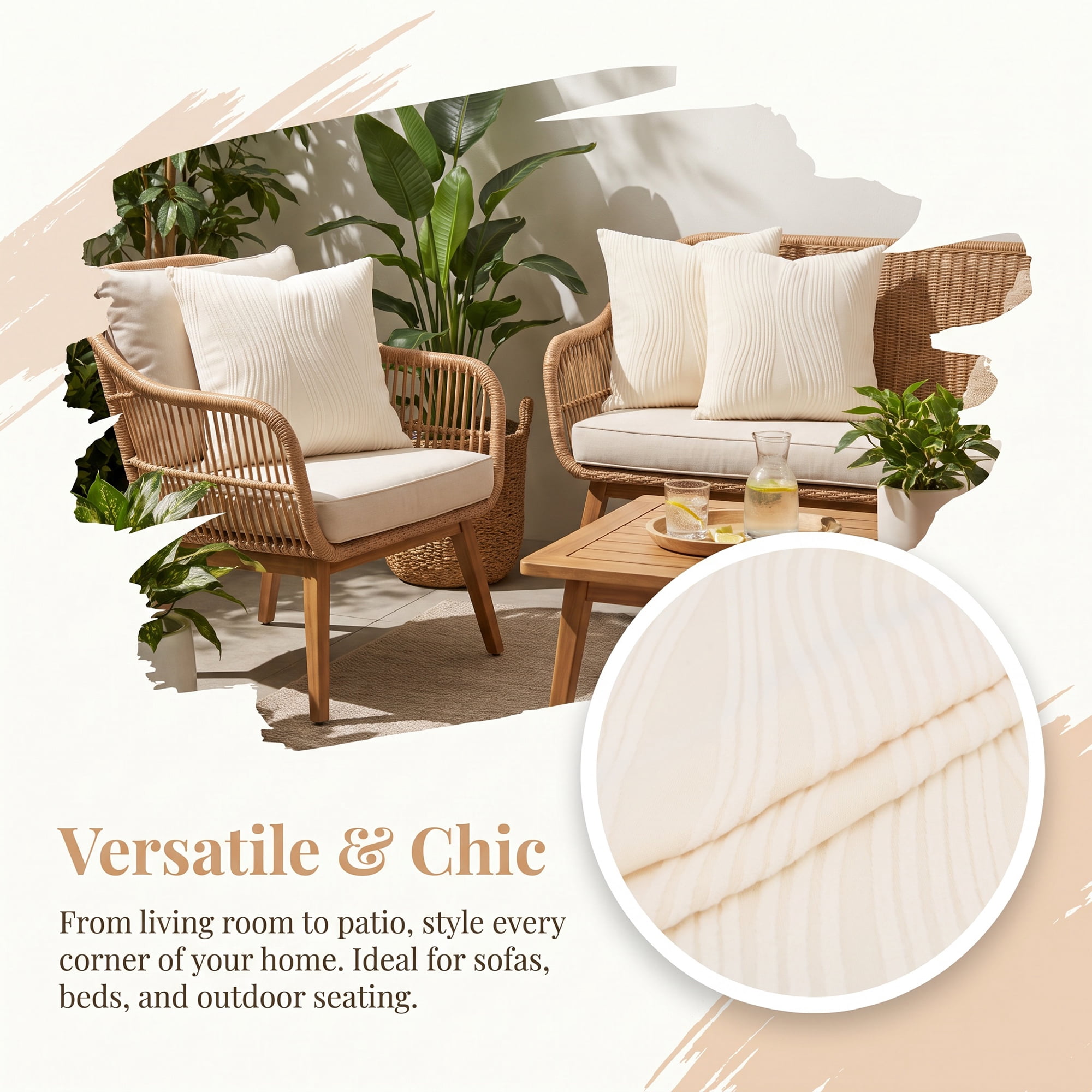 Unique Bargains 2Pcs Wave Textured Throw Pillow Cover Jacquard Cushion Cases Beige 18"x18"