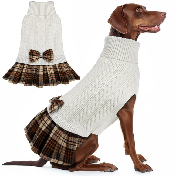 KYEESE Chandail pour Chien Chandail pour Grands Chiens Col Roulé Doux Robe pour Animaux avec Nœud Papillon Manteaux Chauds et Confortables Épais Vêtements pour Chiens, Blanc, TTTG
