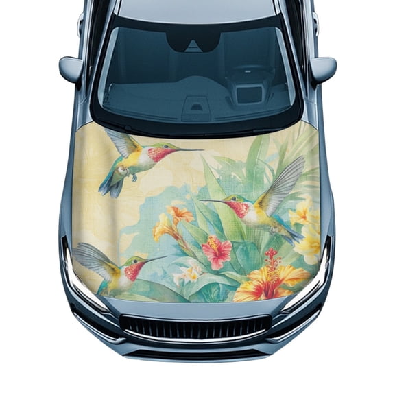 Tutolipy Automotive Accessories Auto Hood Cover Stretch Fabric Car Hood Cover, Hummingbird Floral Design Car Hood Cover Protector for Van Trucks Sedans