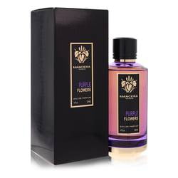 manzera purple flowers eau de parfum spray mancera model botella de perfume Mancera Purple Flowers multicolor, vidrio cilíndrico con líquido púrpura y etiqueta negra y dorada con emblema; presentada junto a caja negra vertical con placa dorada, vista frontal 3/4, perfume para mujer.