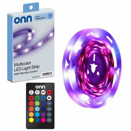 onn multicolor led light strip with remote control, 10'