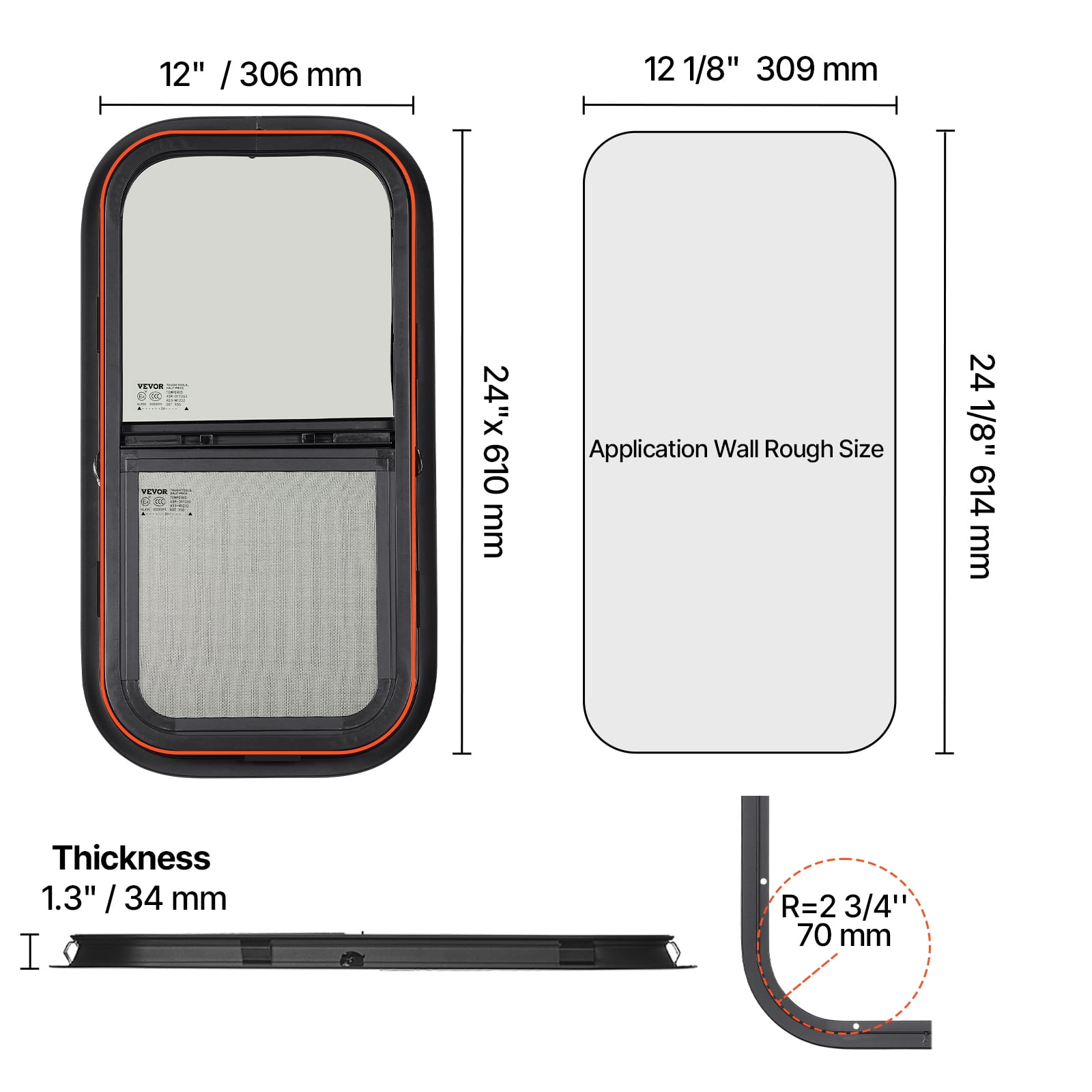 VEVOR Vertical RV Window, 12" W x 24" H Tinted Sliding RV Window with Net Screen & Trim Ring, Fit 15/16" - 1 3/4" Thickness Wall,RV Window Replacement for Teardrop Cargo Trailer Camper,DOT Approved