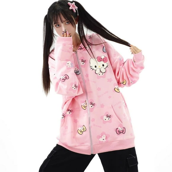 Sanrio Anime Hellokitty Hoodie Coat Cartoon Autumn Winter Loose Cute Zipper Cardigan Coat Kawaii Girl Warm Full Print Tops Gift ZR