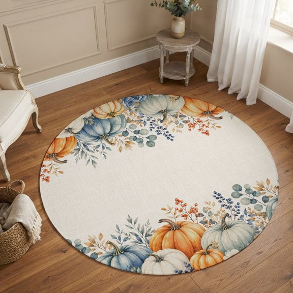 Small Round Rug 3Ft, Thanksgiving Pumpkin Non-Slip Washable Circle Rugs Carpet, Farmhouse Retro Fall Eucalyptus Leaves Indoor Outdoor Rug Floor Mats Throw Runner for Bedroom Living Room Bathroom