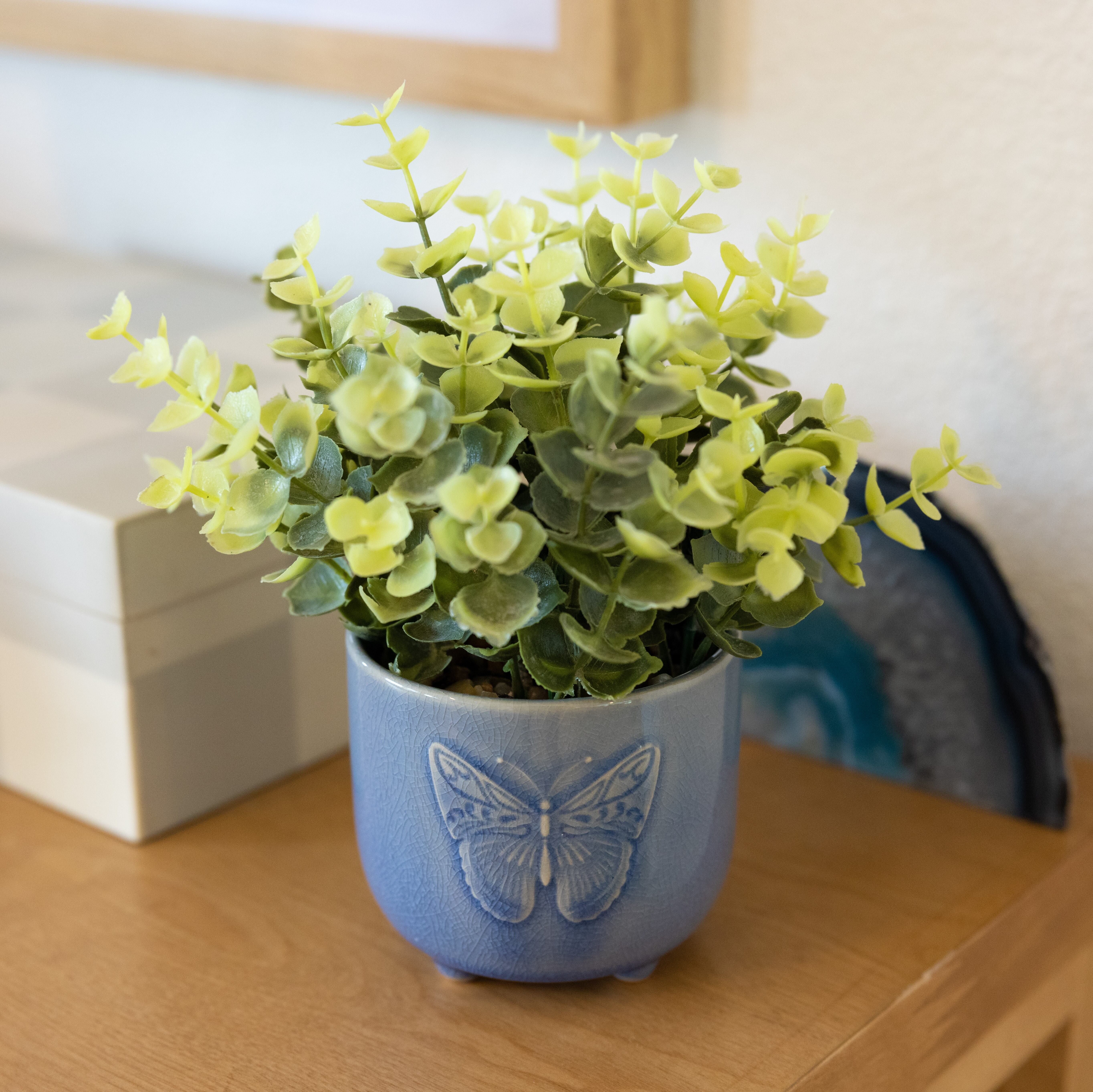 Mainstays Tabletop Artificial Baby Eucalyptus Plant in Blue Ceramic Butterfly Pot, 3"