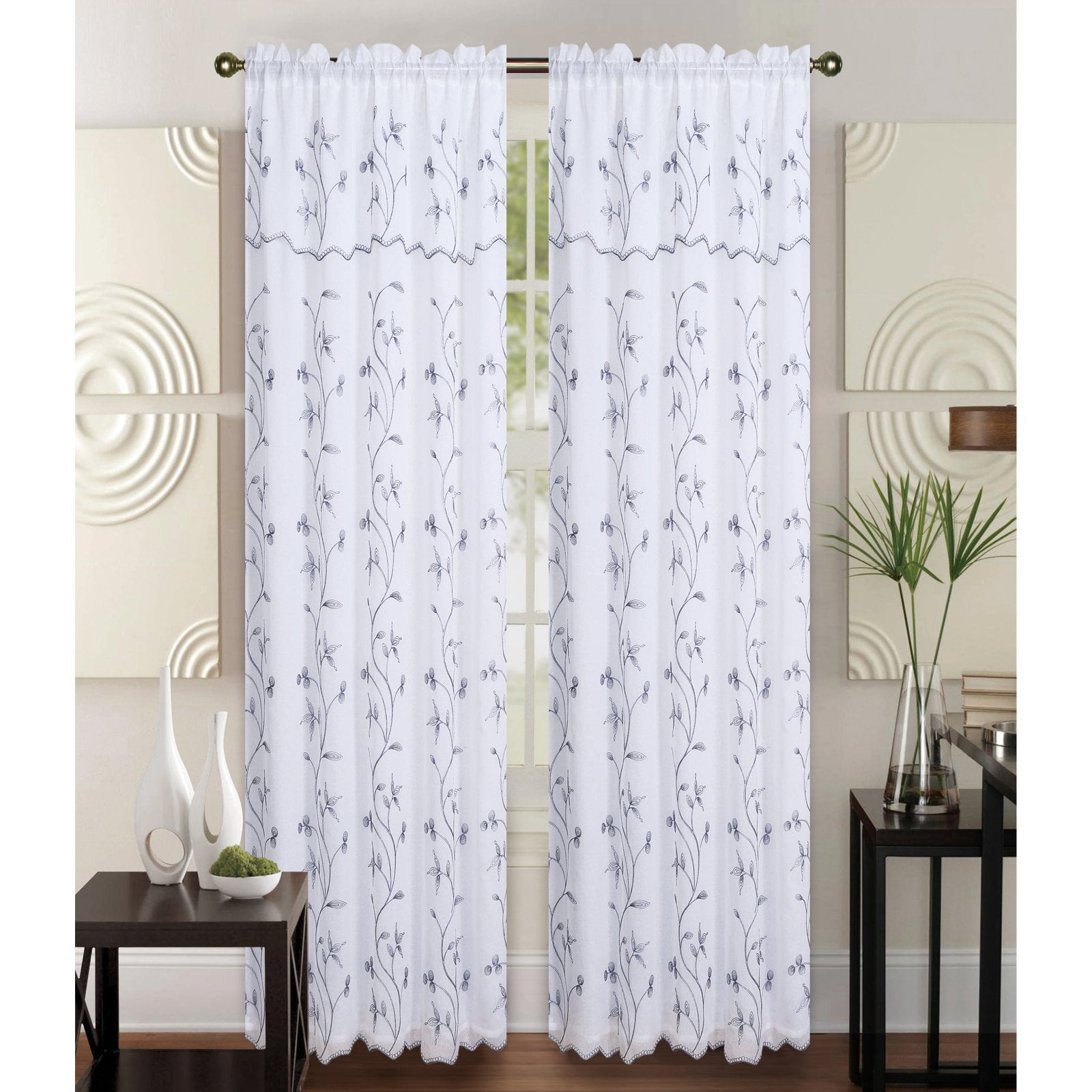 Alma Layer Embroidery Floral Flower Vine Decor Sheer Rod Pocket Curtain Valance - Picture 15 of 16