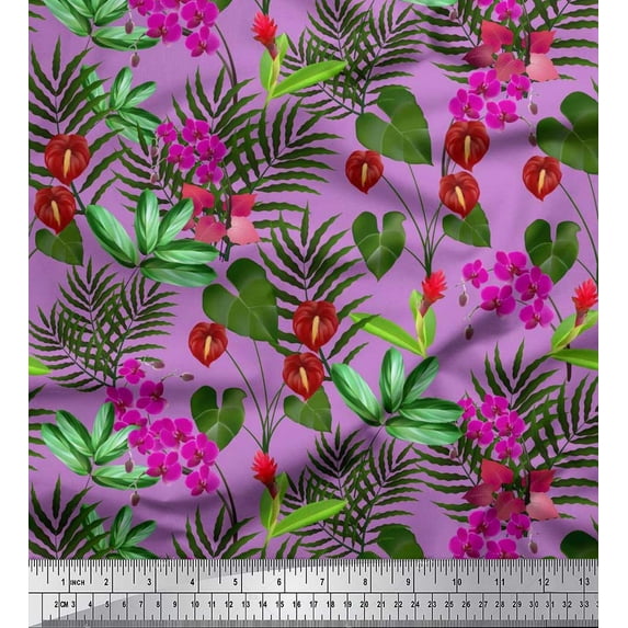 Soimoi Japan Crepe Satin Fabric Leaves,Laceleaf & Orchid Floral Print Fabric by The Yard 42 Inch Wide