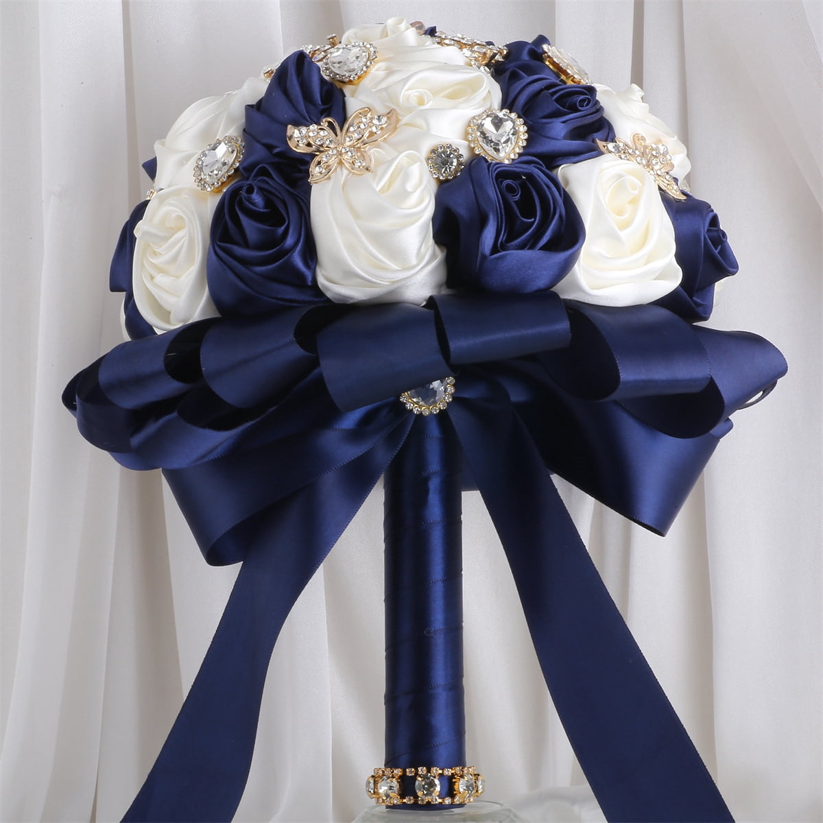 Namzi -a Handmade Luxury Wedding Bridal Bouquet Large Silk Rose Holding Toss Artificial Flowers Bouquets Bride Vintage Royal Wedding Bouquet (Dark Blue+White)