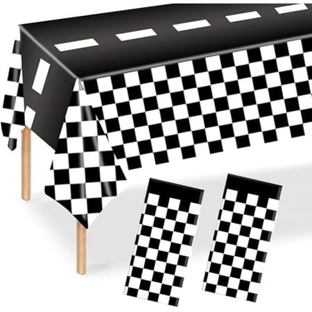 2PCS 108''x54'' Black & White Checkered Race Car Tablecloth - Disposable Plastic Table Cover, Racing Themed Table Runner for Birthday Party Decor & Supplies (Electronics Accessories)