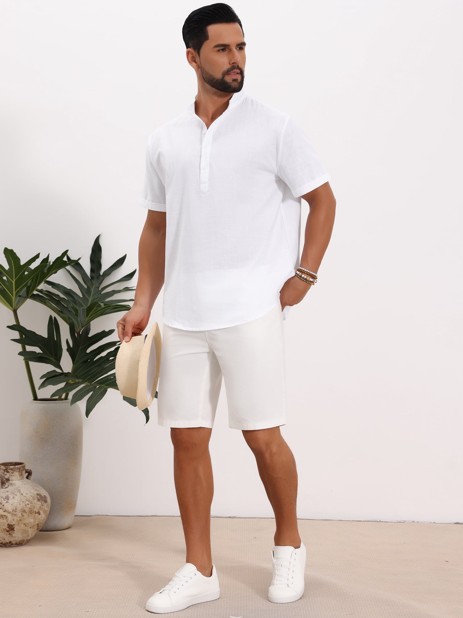 DARING DIVA Men's Solid Color Stand Collar Short Sleeve Henley Shirts 2XL White